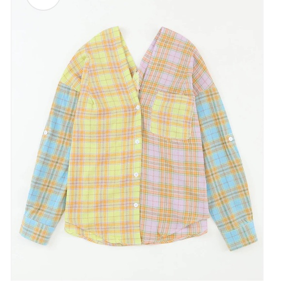 Fate Multicolored Plaid Double V Neck Button Front Shirt Roll Tank Sleeve Small - Picture 12 of 12